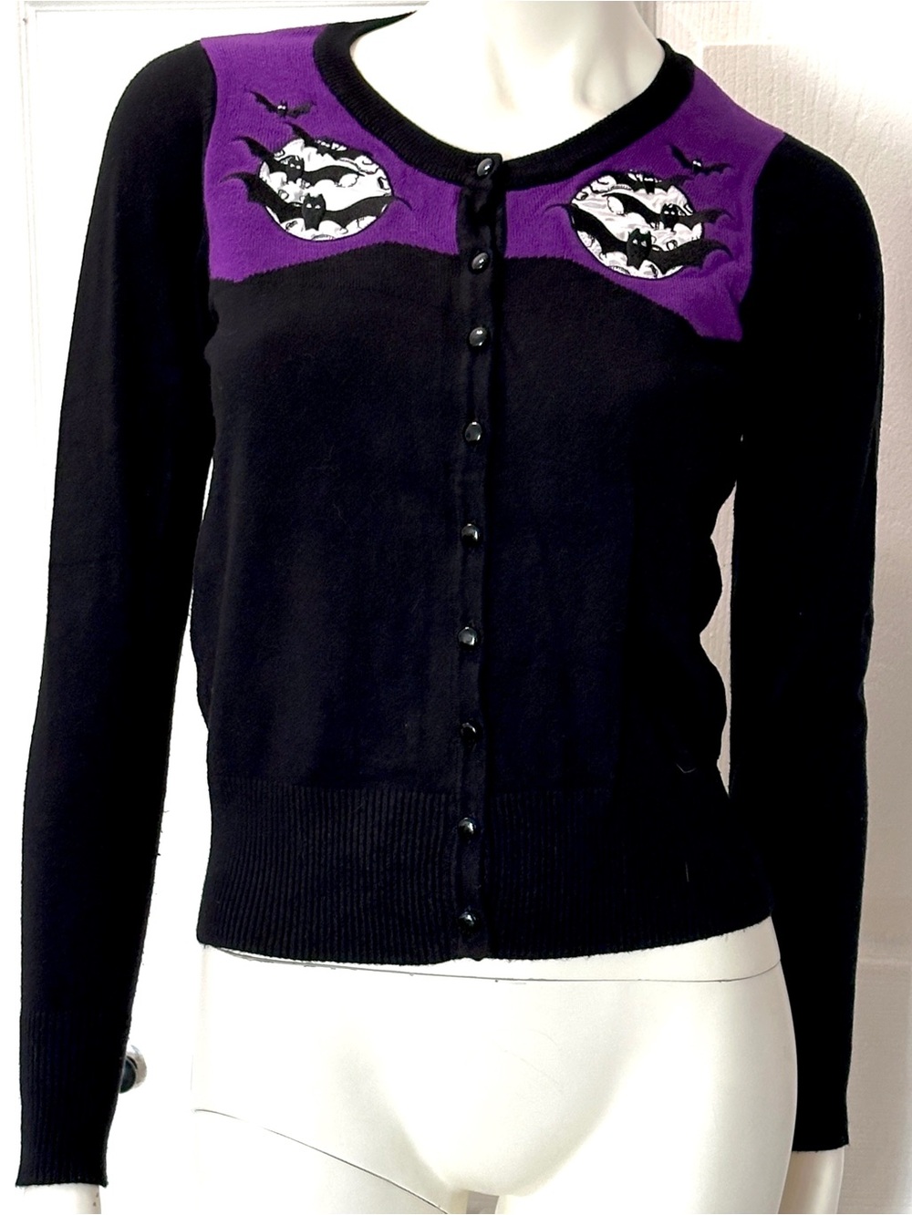 Too Fast Halloween Black and Purple Cardigan with Bat and Cat Appliqués